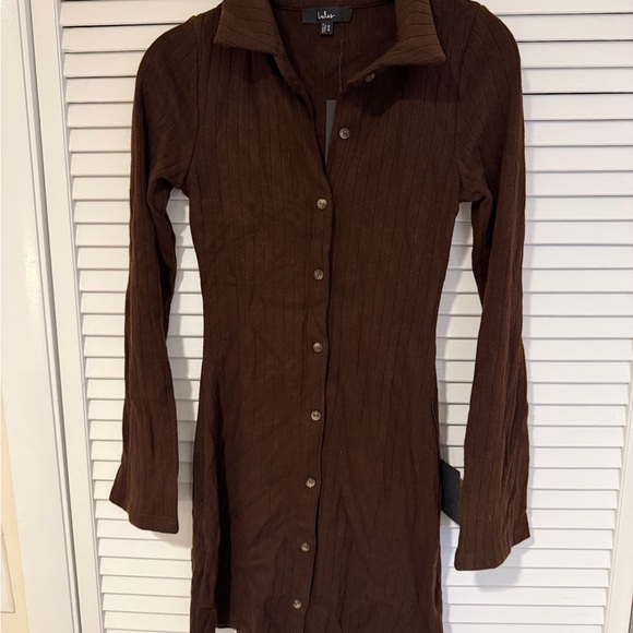 Lulu's Cuddly Sweetness Brown Button-Front Sweater Mini Dress - Picture 5 of 8